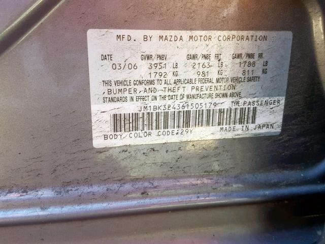 JM1BK324361505179 - 2006 MAZDA 3 S GRAY photo 10