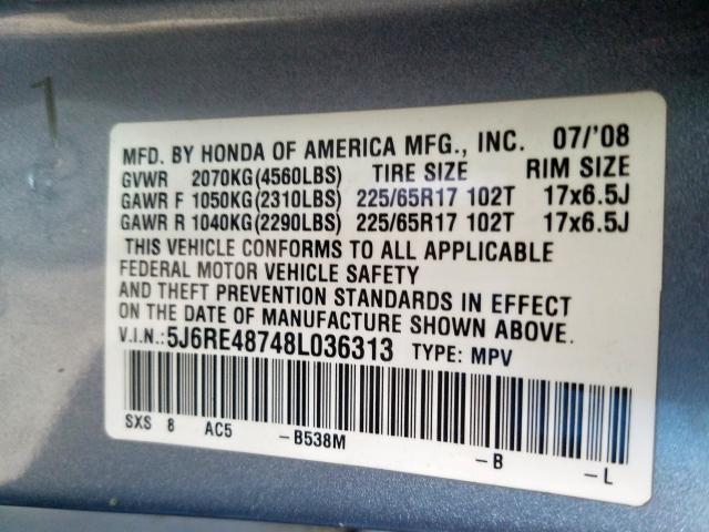 5J6RE48748L036313 - 2008 HONDA CR-V EXL  photo 10