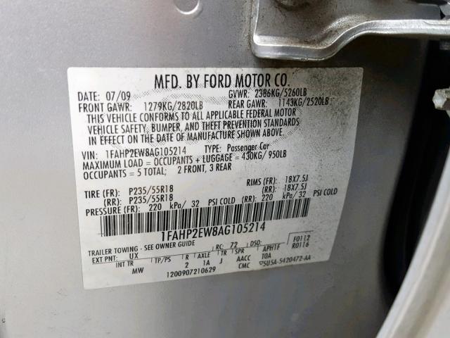 1FAHP2EW8AG105214 - 2010 FORD TAURUS SEL SILVER photo 10