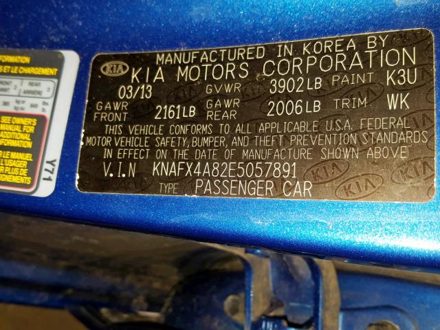 KNAFX4A82E5057891 - 2014 KIA FORTE EX BLUE photo 10