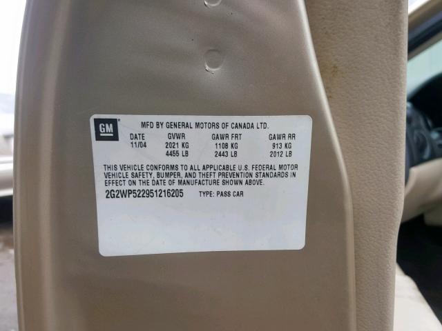 2G2WP522951216205 - 2005 PONTIAC GRAND PRIX GOLD photo 10