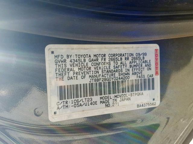 JT8BF28G0Y0244200 - 2000 LEXUS ES 300 GRAY photo 10