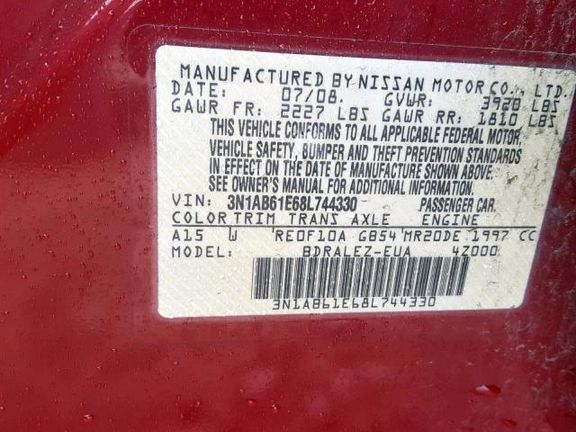 3N1AB61E68L744330 - 2008 NISSAN SENTRA 2.0 RED photo 10