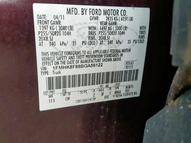 1FMHK8F88BGA56122 - 2011 FORD EXPLORER L GRAY photo 10