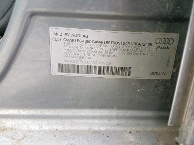 WAUDF78E07A216909 - 2007 AUDI A4 2.0T QU GRAY photo 10