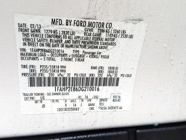 1FAHP2E86DG210016 - 2013 FORD TAURUS SEL WHITE photo 10