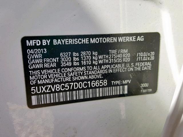 5UXZV8C57D0C16658 - 2013 BMW X5 XDRIVE5 WHITE photo 10