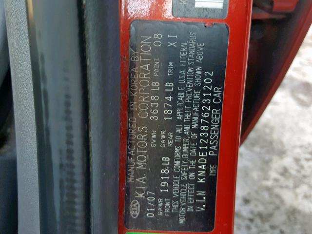 KNADE123876231202 - 2007 KIA RIO BASE RED photo 10