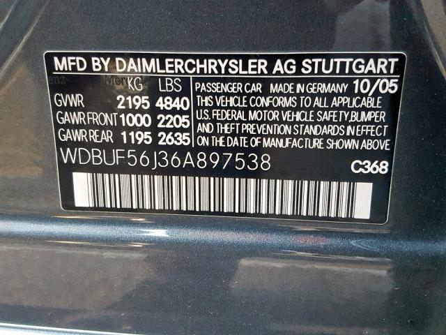 WDBUF56J36A897538 - 2006 MERCEDES-BENZ E 350 GRAY photo 10