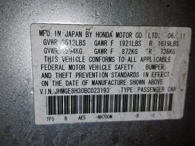 JHMGE8H30BC023193 - 2011 HONDA FIT SILVER photo 10