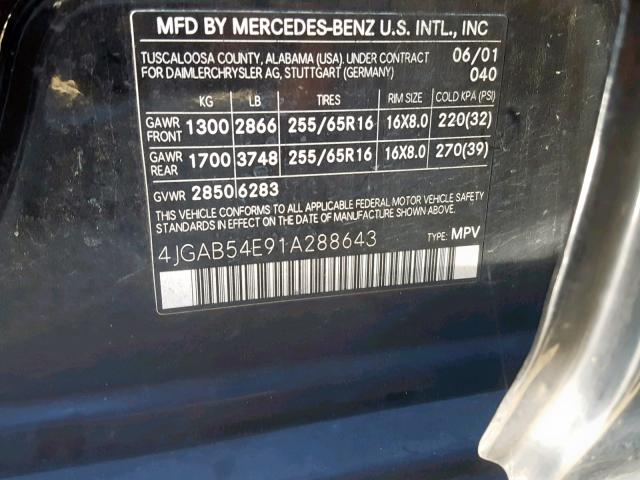 4JGAB54E91A288643 - 2001 MERCEDES-BENZ ML 320 BLACK photo 10