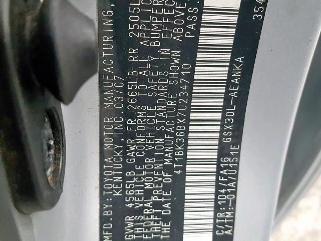 4T1BK36BX7U234710 - 2007 TOYOTA AVALON XL 银色 照片 10