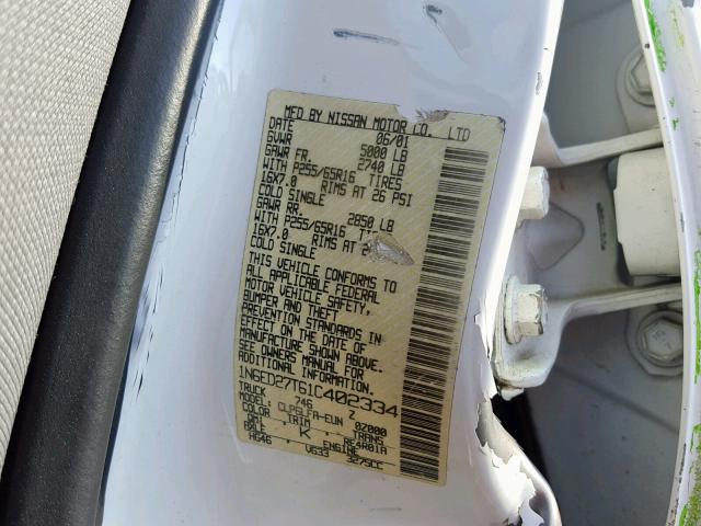 1N6ED27T61C402334 - 2001 NISSAN FRONTIER C WHITE photo 10