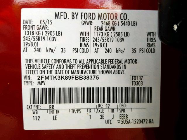 2FMTK3K89FBB38375 - 2015 FORD EDGE TITAN MAROON photo 10