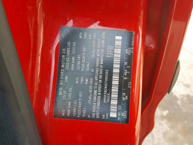 NM0KS9CNXCT093303 - 2012 FORD TRANSIT CO RED photo 10