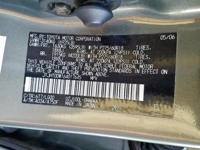 JTJHT00W164017645 - 2006 LEXUS LX 470 GREEN photo 10