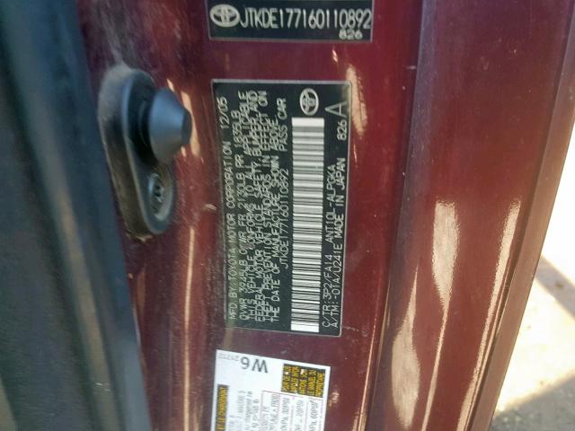 JTKDE177160110892 - 2006 TOYOTA SCION TC BURGUNDY photo 10