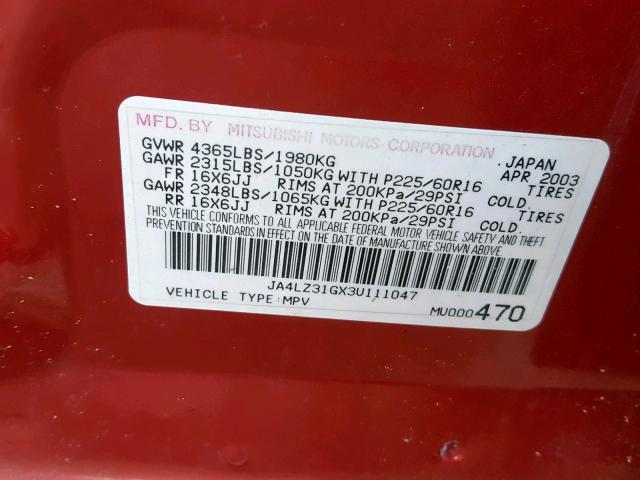 JA4LZ31GX3U111047 - 2003 MITSUBISHI OUTLANDER RED photo 10