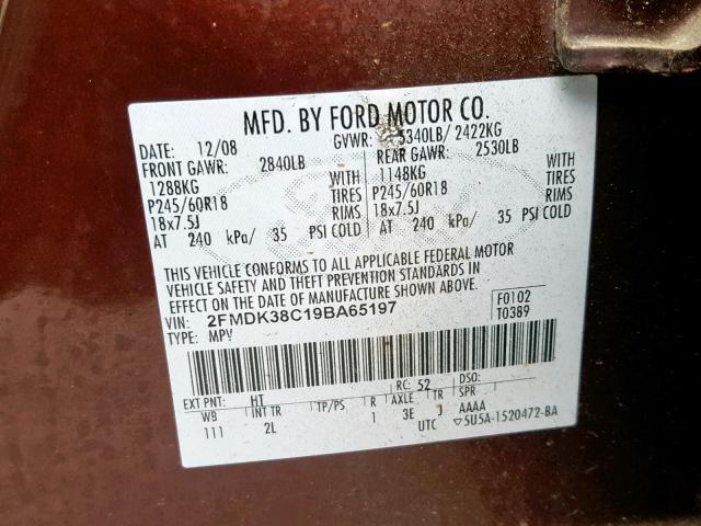 2FMDK38C19BA65197 - 2009 FORD EDGE SEL MAROON photo 10