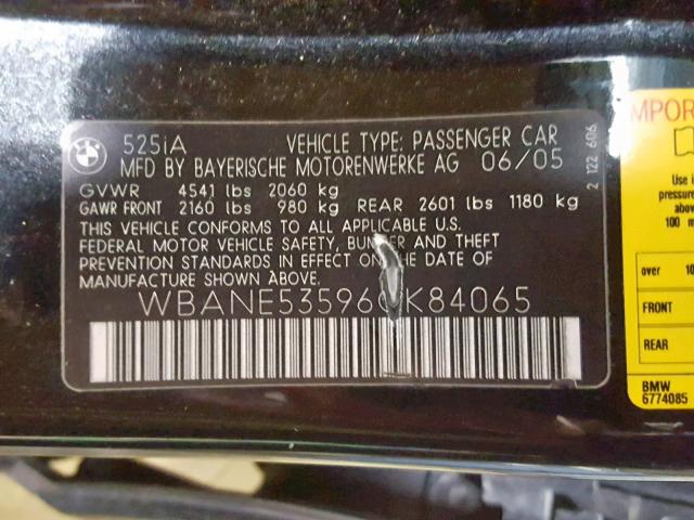 WBANE53596CK84065 - 2006 BMW 525 I BLACK photo 10