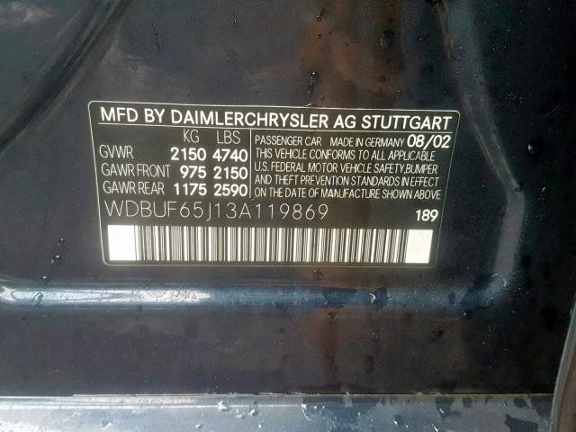 WDBUF65J13A119869 - 2003 MERCEDES-BENZ E 320 BLUE photo 10