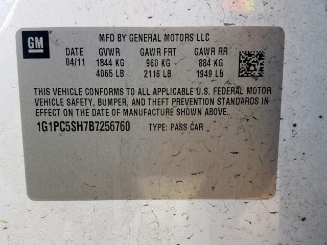 1G1PC5SH7B7256760 - 2011 CHEVROLET CRUZE LS WHITE photo 10