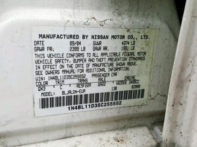 1N4BL11D35C255552 - 2005 NISSAN ALTIMA SE WHITE photo 10