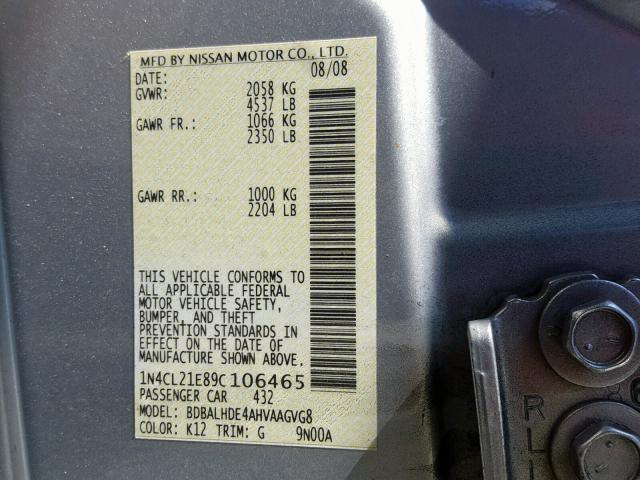 1N4CL21E89C106465 - 2009 NISSAN ALTIMA HYB SILVER photo 10