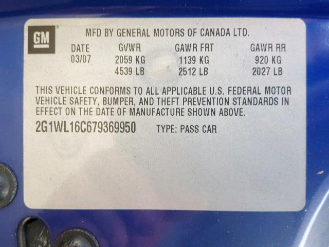 2G1WL16C679369950 - 2007 CHEVROLET MONTE CARL BLUE photo 10