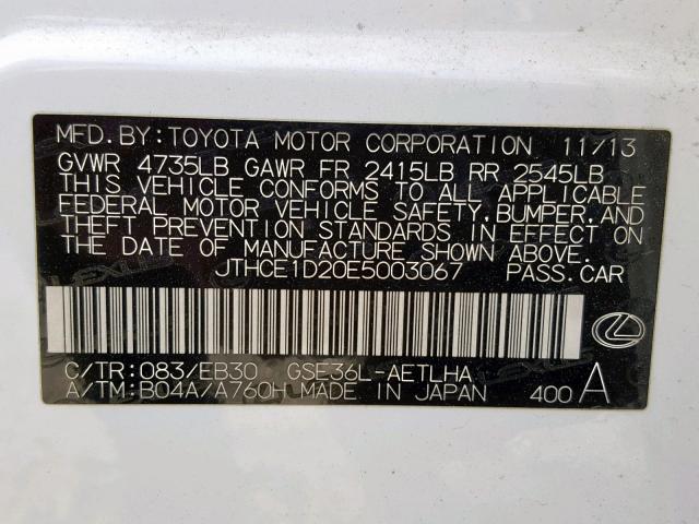 JTHCE1D20E5003067 - 2014 LEXUS IS 350 WHITE photo 10