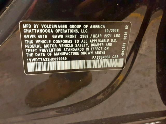 1VWDT7A32HC022969 - 2017 VOLKSWAGEN PASSAT R-L GRAY photo 10