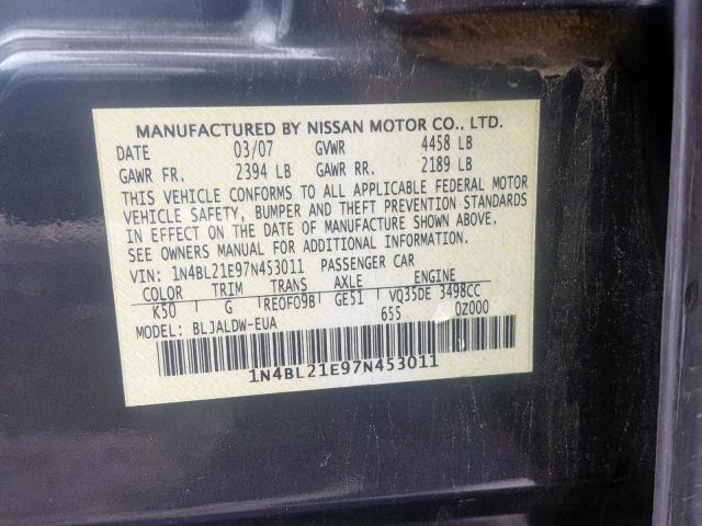 1N4BL21E97N453011 - 2007 NISSAN ALTIMA 3.5 CHARCOAL photo 10