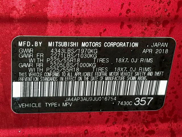 JA4AP3AU9JU016754 - 2018 MITSUBISHI OUTLANDER RED photo 10