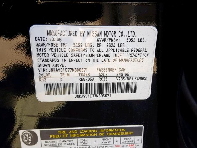 JNKAY01E77M306671 - 2007 INFINITI M35 BASE BLACK photo 10