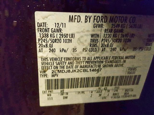 2LMDJ8JK2CBL14667 - 2012 LINCOLN MKX MAROON photo 10