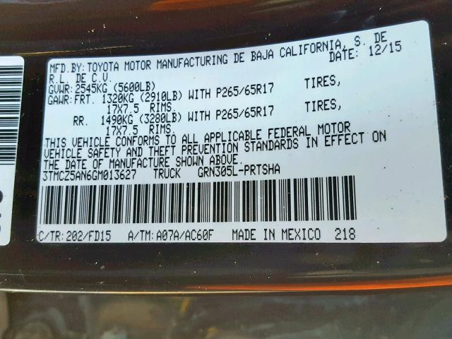 3TMCZ5AN6GM013627 - 2016 TOYOTA TACOMA DOU BLACK photo 10