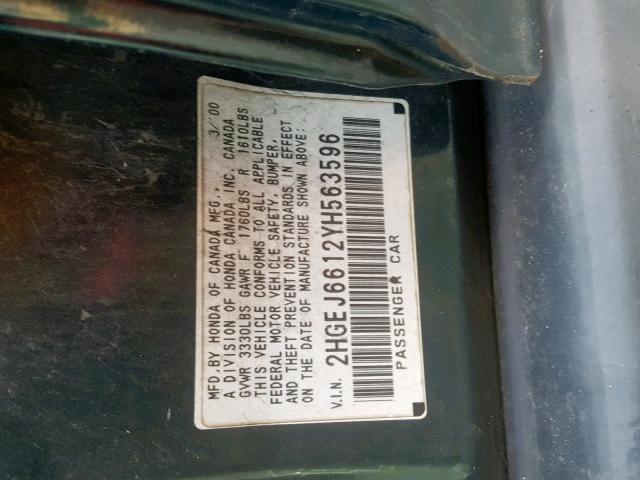 2HGEJ6612YH563596 - 2000 HONDA CIVIC BASE GREEN photo 10