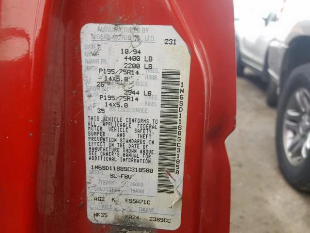 1N6SD11S8SC318580 - 1995 NISSAN TRUCK E/XE RED photo 10