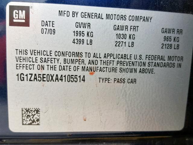 1G1ZA5E0XA4105514 - 2010 CHEVROLET MALIBU LS BLUE photo 10