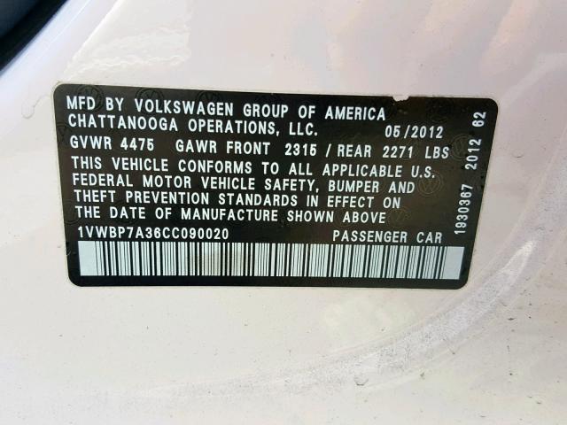 1VWBP7A36CC090020 - 2012 VOLKSWAGEN PASSAT SE WHITE photo 10