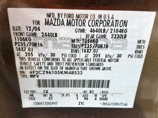 4F2CZ96105KM48533 - 2005 MAZDA TRIBUTE S GRAY photo 10