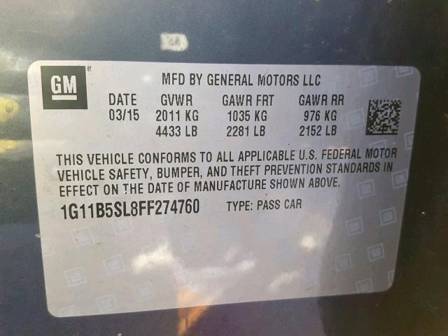 1G11B5SL8FF274760 - 2015 CHEVROLET MALIBU LS BLUE photo 10