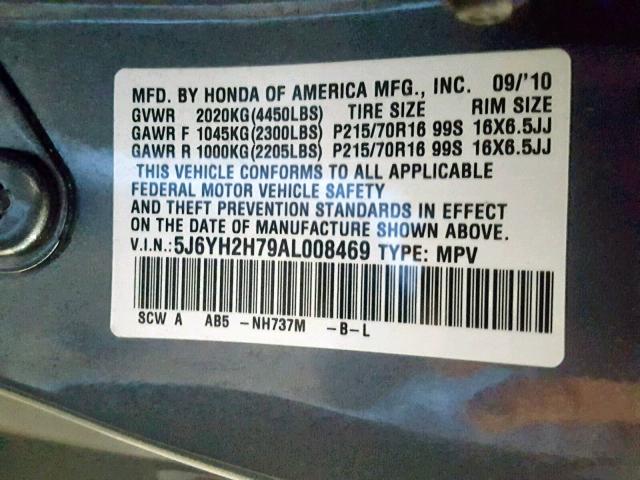 5J6YH2H79AL008469 - 2010 HONDA ELEMENT EX GRAY photo 10