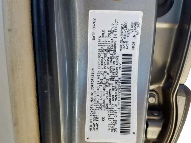 JTJHF10U720284608 - 2002 LEXUS RX 300 GRAY photo 10