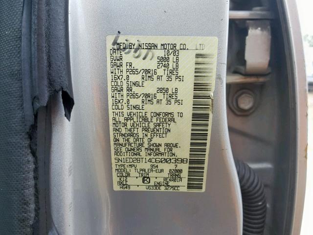 5N1ED28T14C600398 - 2004 NISSAN XTERRA XE SILVER photo 10