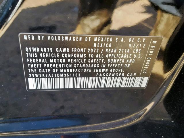 3VW2K7AJ1DM351163 - 2013 VOLKSWAGEN JETTA BASE BLACK photo 10