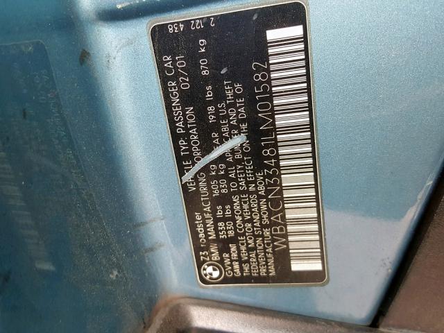 WBACN33481LM01582 - 2001 BMW Z3 2.5 BLUE photo 10