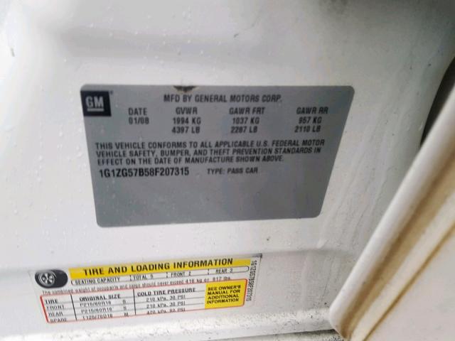 1G1ZG57B58F207315 - 2008 CHEVROLET MALIBU LS WHITE photo 10