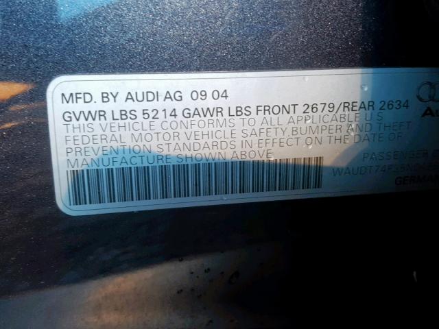 WAUDT74F35N049684 - 2005 AUDI A6 3.2 QUA GRAY photo 10