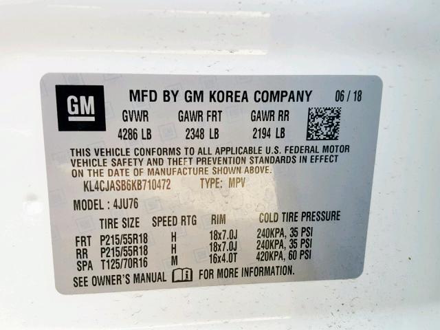 KL4CJASB6KB710472 - 2019 BUICK ENCORE PRE WHITE photo 10